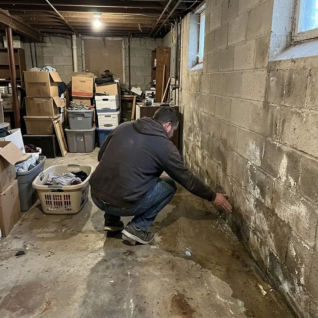 Water seeping along the bottom of a basement wall after heavy rain
