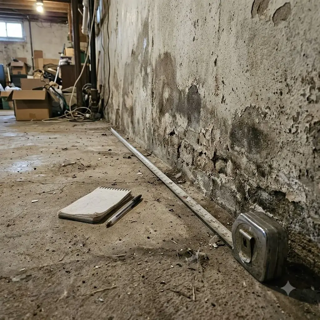 Tape measure along a damp basement wall