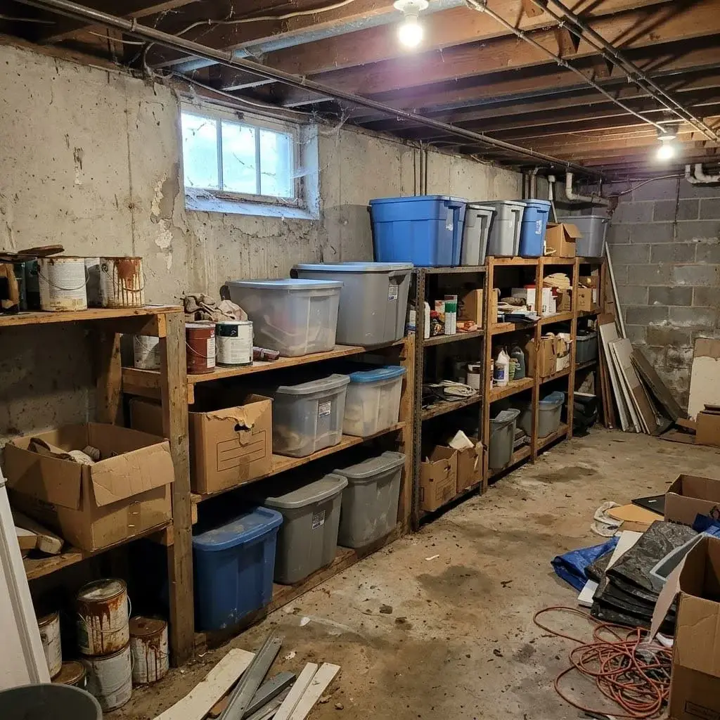 Dry basement room with shelving
