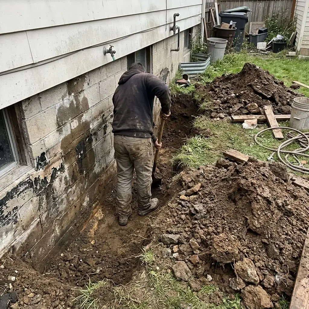 Excavated trench along an exposed foundation wall