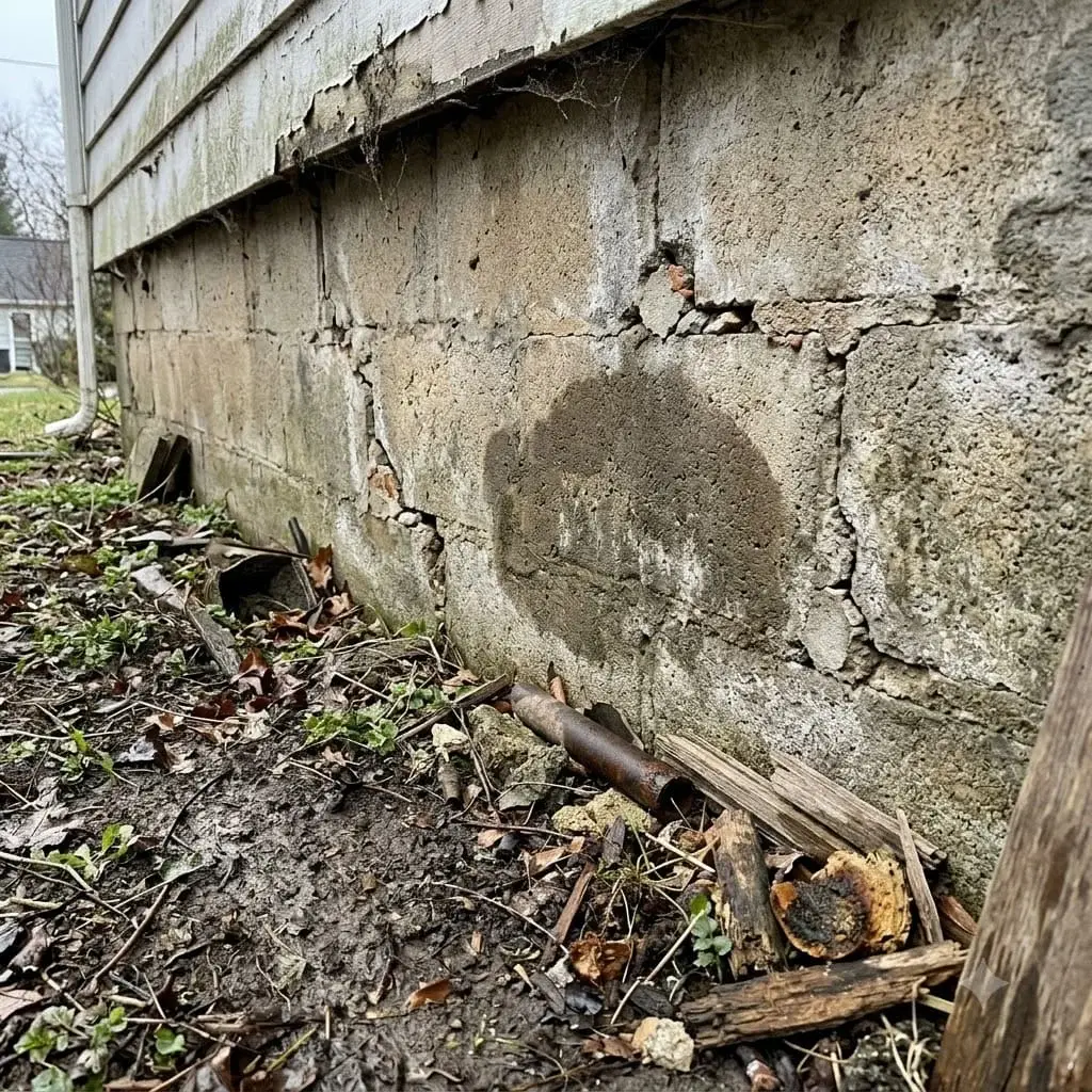Exposed foundation wall with stains and cracked mortar