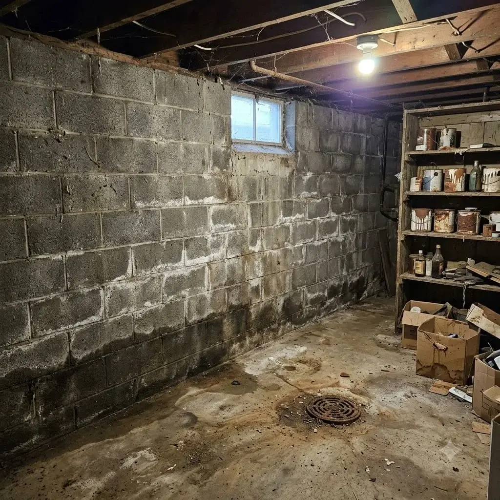 Damp block basement wall with a moisture line
