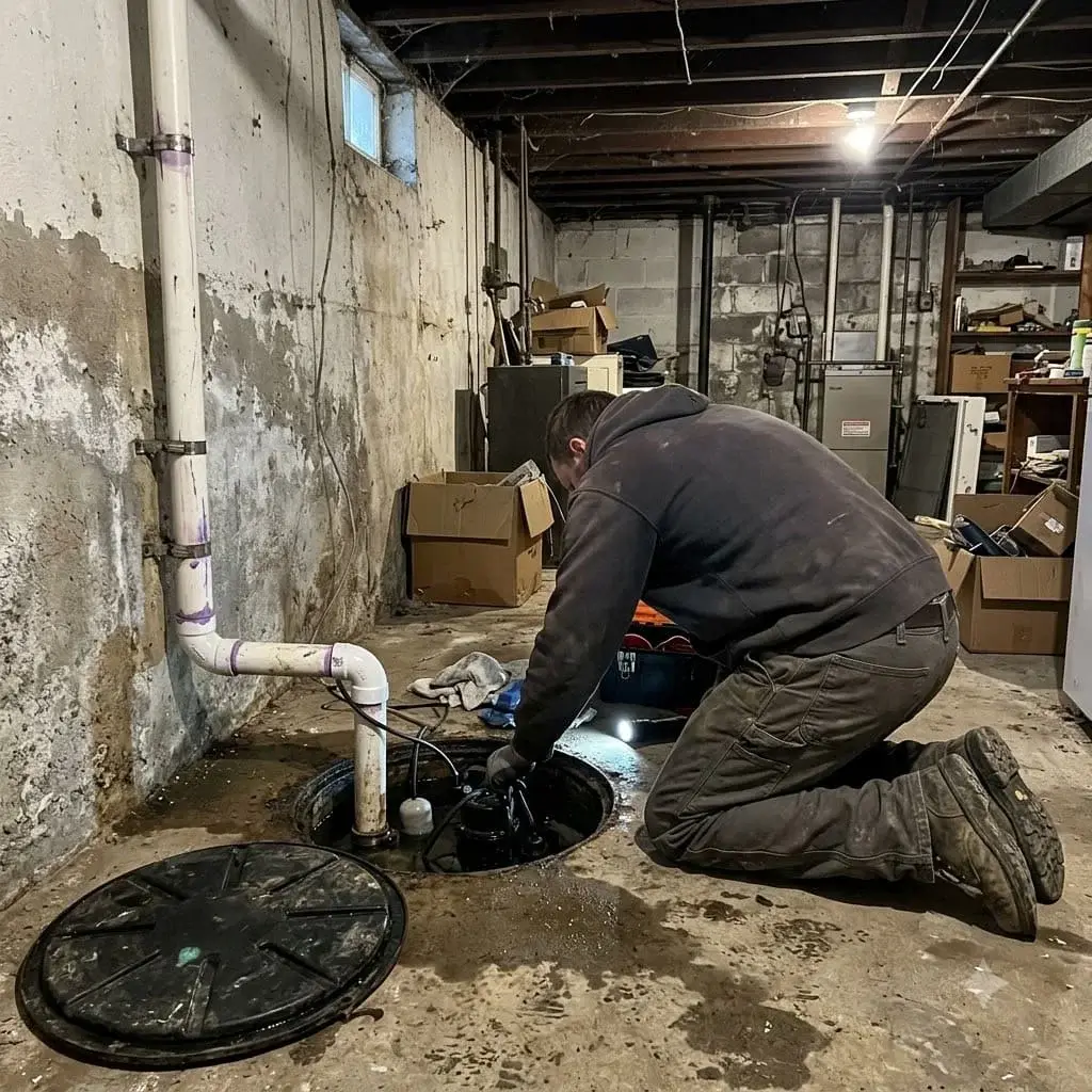 Sump basin set in a basement floor with a tradesperson checking the pump