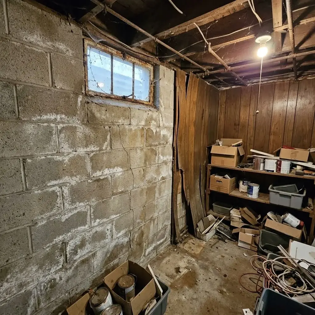 Block basement wall with mineral deposits and a hairline crack