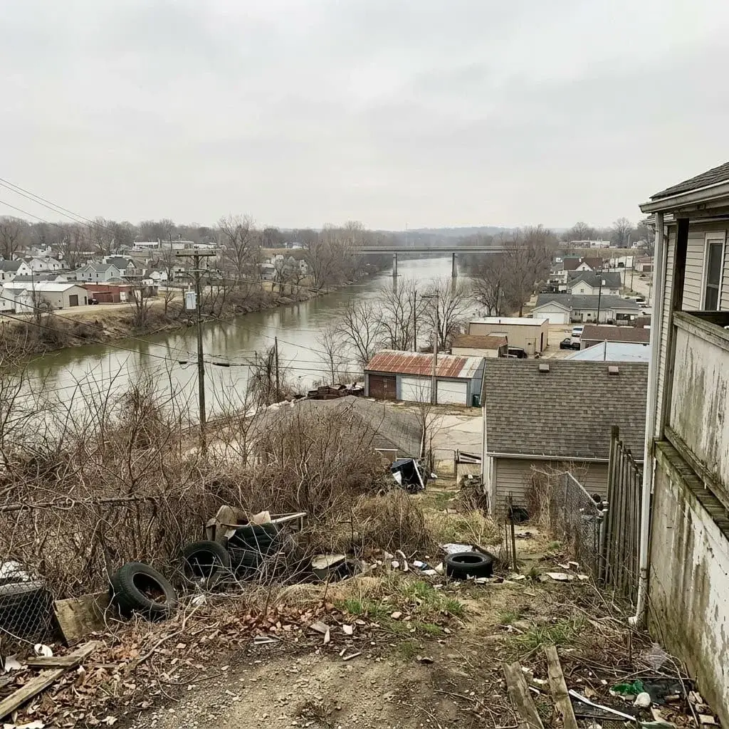 River running through a Midwest town with a bridge