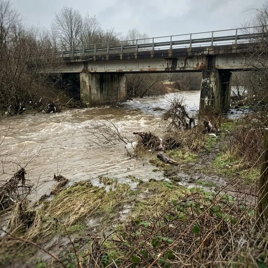 Swollen river at high water under a bridge
