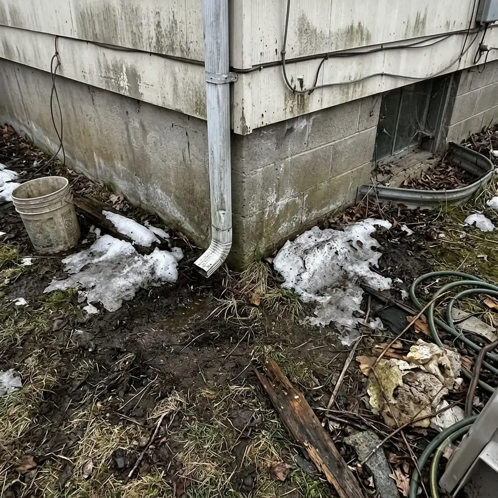 Melting snow against a house foundation in late winter